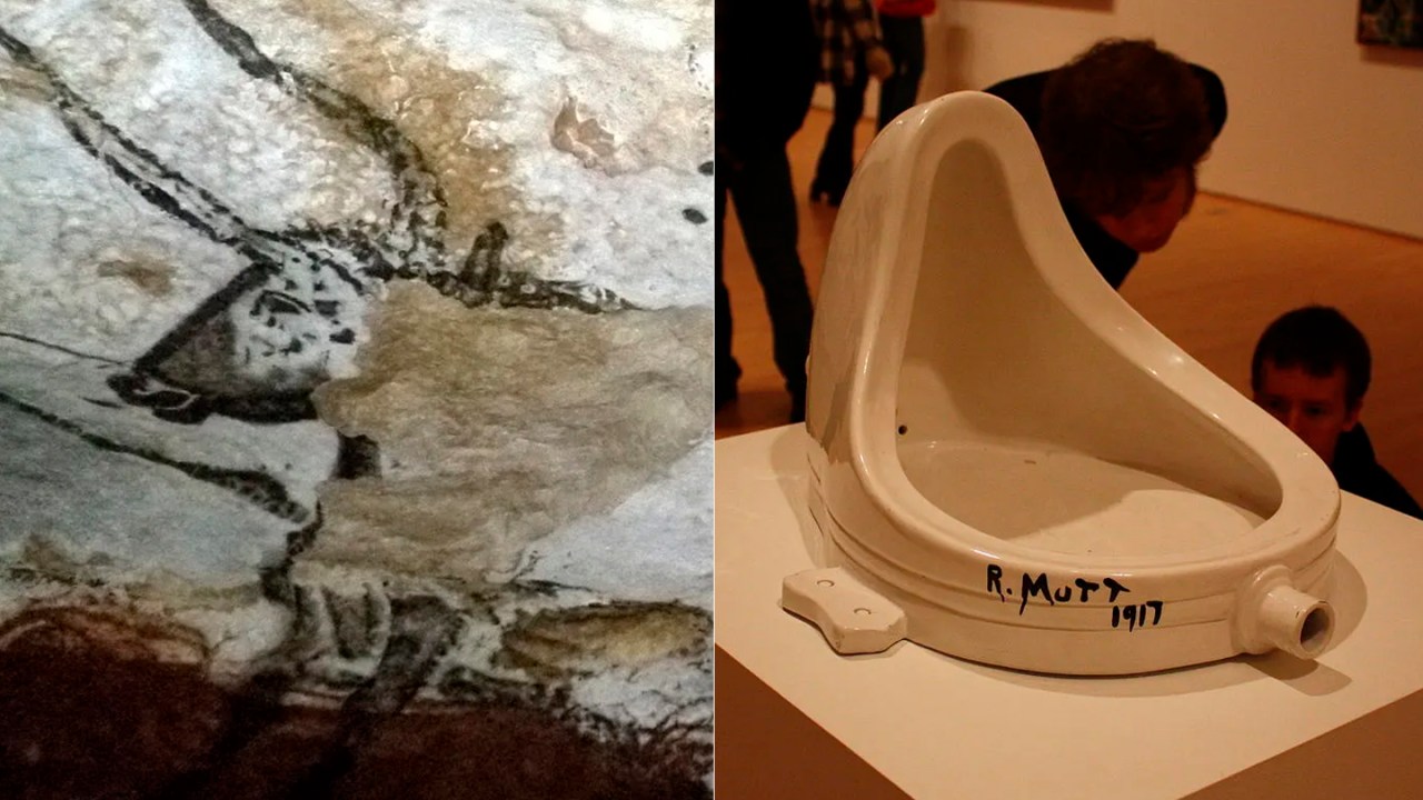 Montagem com duas obras de arte: "Cavernas de Lascaux", e "Fonte", de Duchamp