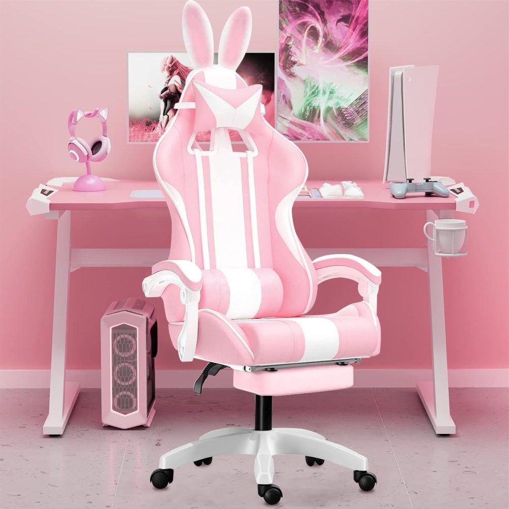 Cadeira gamer fofa com orelhas de coelho, cadeira ergonômica de jogos para meninas com apoio de pés e apoio de cabeça