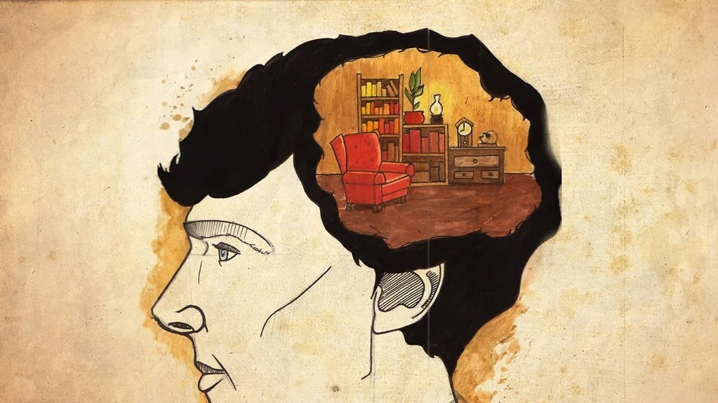 Ilustração com cabeça do personagem Sherlock Holmes com sala de estar interna