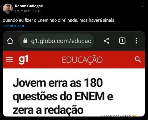 Print de redes sociais com tweet sobre a prova do Enem