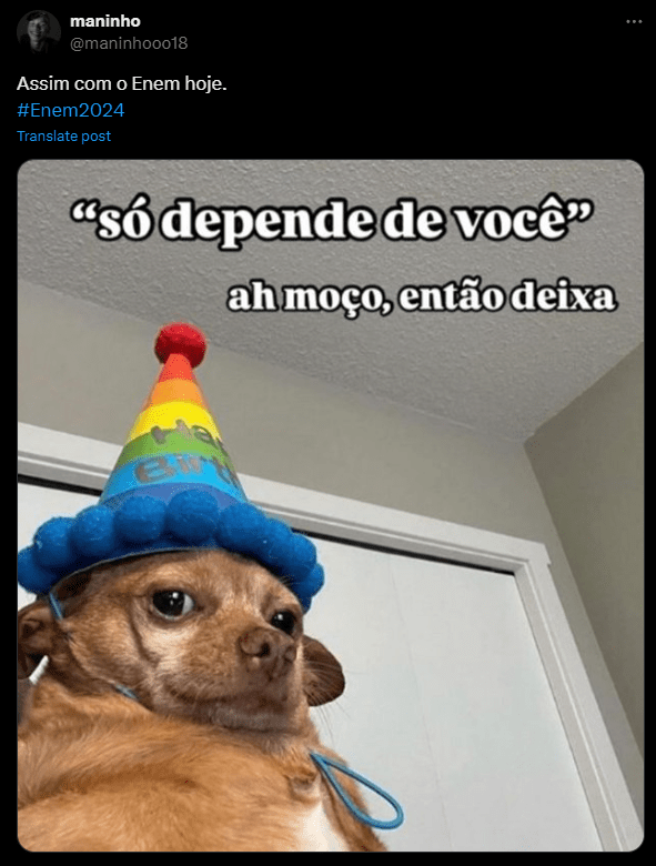 Print de postagem no X (antigo Twitter) com meme sobre o segundo dia do Enem 2024