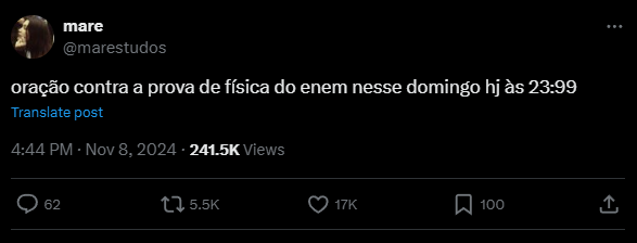 Print de postagem no X (antigo Twitter) com meme sobre o segundo dia do Enem 2024