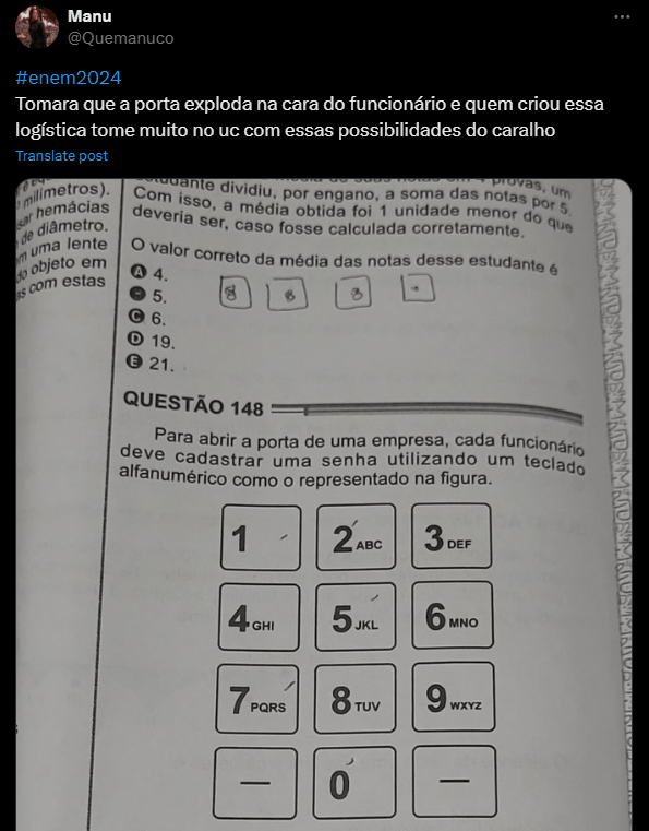 Print de postagem no X (antigo Twitter) comentando o segundo dia do Enem 2024