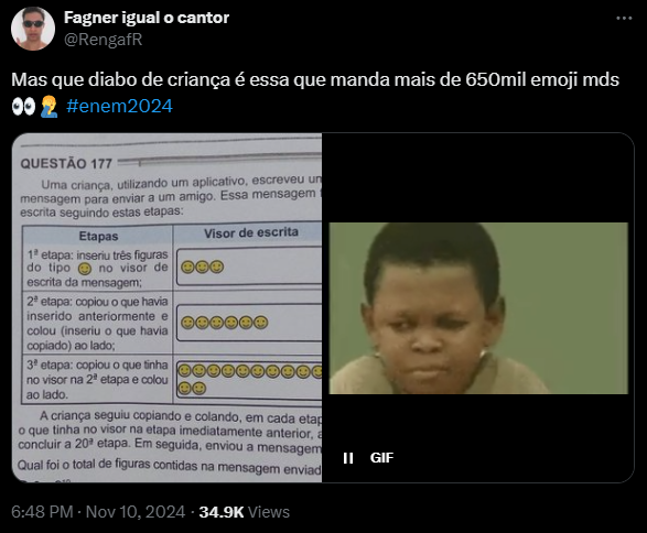 Print de postagem no X (antigo Twitter) comentando o segundo dia do Enem 2024