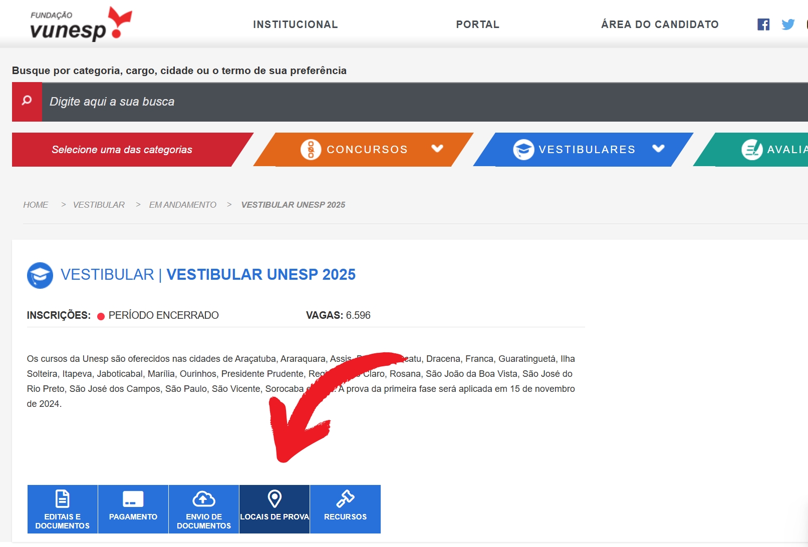 Printscreen do site da Vunesp, indicando botação para consultar Local de Prova