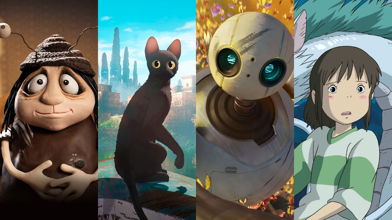 Montagem com 4 dos filmes citados na matéria: Memórias de um caracol, Flow, Robô Selvagem, e A Viagem de Chihiro
