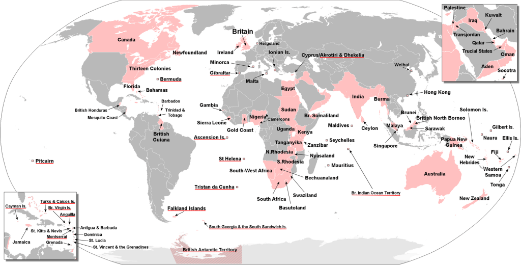 Mapa representando os países invadidos pela Inglaterra ao longo da História.