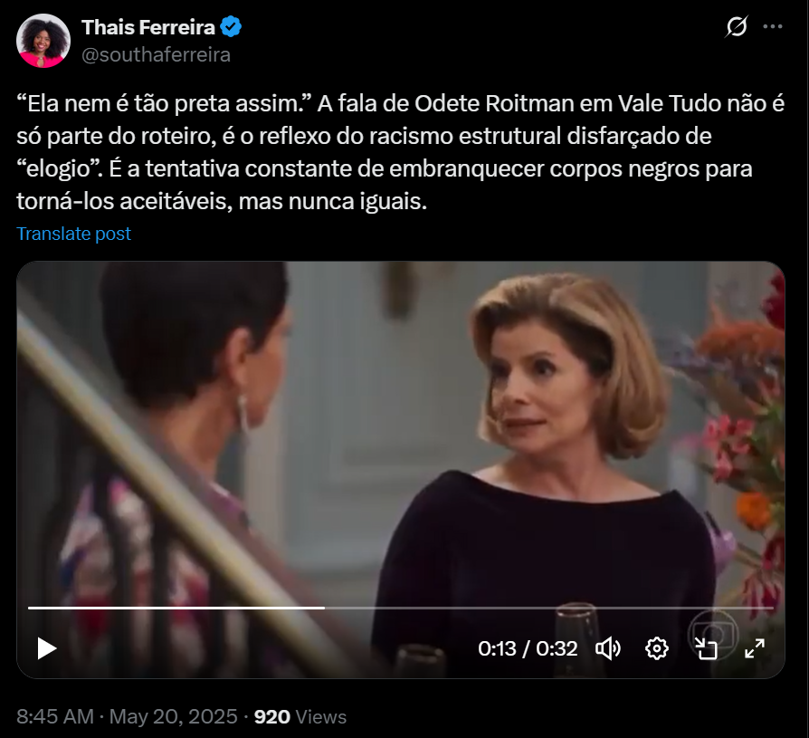 tweet-vale-tudo-colorismo Tweet de espectadora comentando sobre a fala colorista de Odete Roitman