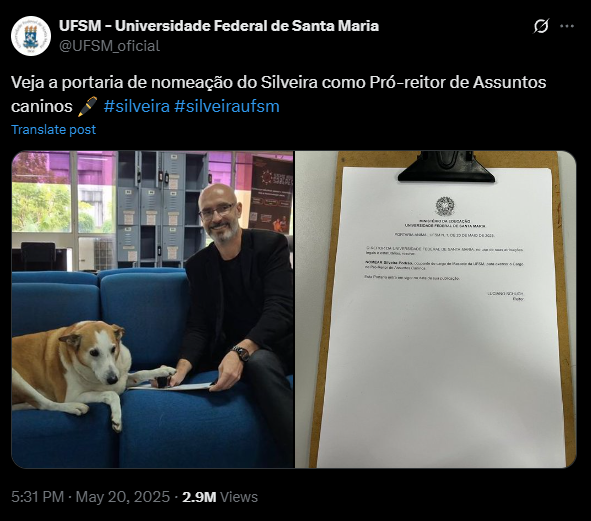 Printscreen de postagem no X com reitor da UFSM e cachorro Silveira