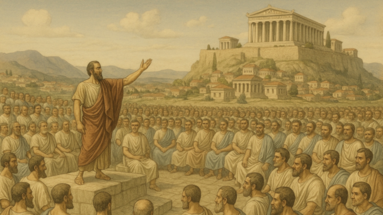 Ilustração de como era uma Eclésia, na Atenas da Grécia Antiga