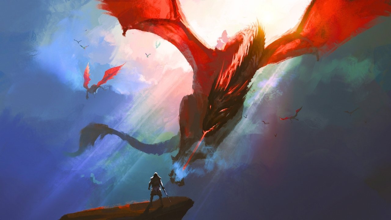 Ilustração digital de guerreiro enfrentando dragão cuspindo fogo