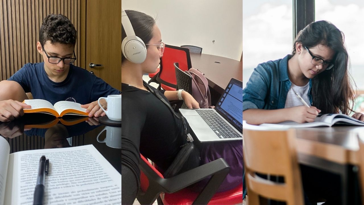 Colagem com 3 fotos de jovens estudando