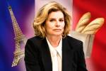 Débora Bloch como Odete Roitman, contra fundo de bandeira francesa, torre Eiffel e baguetes