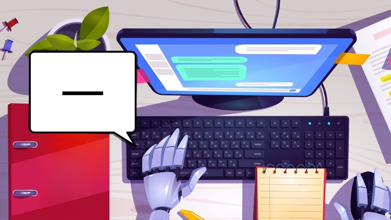 Ilustração de mãos robôs digitando em desktop