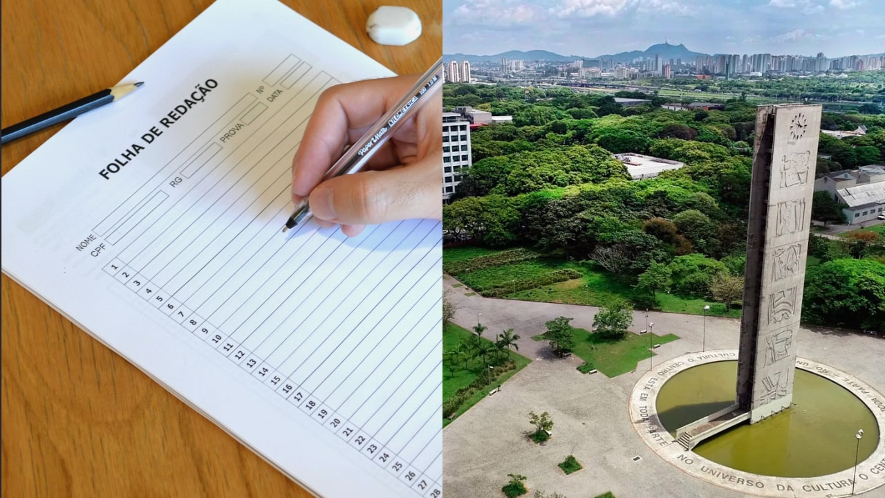 Colagem com foto de folha de redação em branco e campus da Universidade de São Paulo