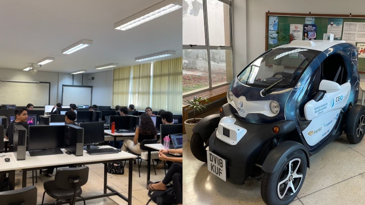 Colagem com duas fotos: à direita, sala de aula da universidade. À esquerda, carro autônomo sendo montado pelos alunos