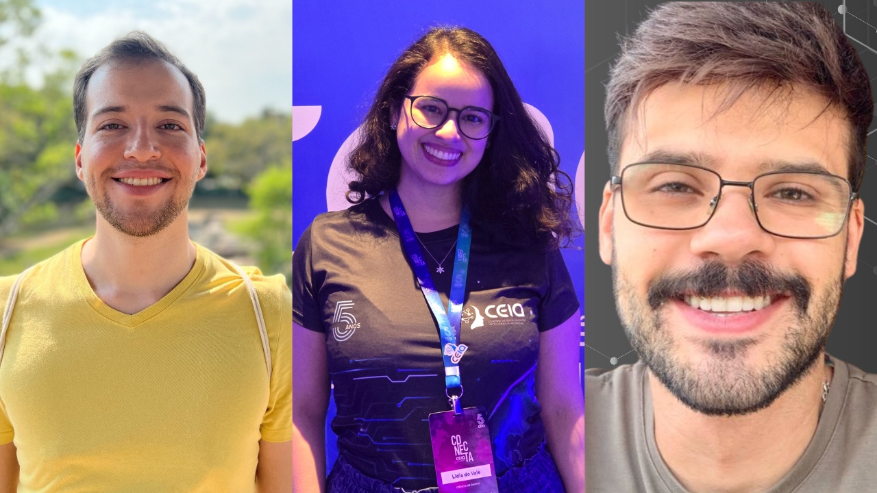 Os estudantes Jair, Lidia e Hugo, do curso de IA da UFG