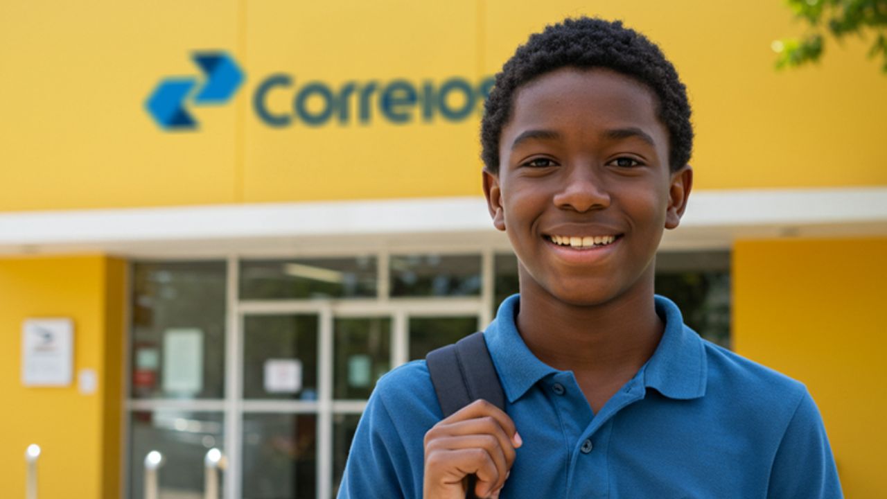 Menino com camiseta azul na frente de uma unidade dos Correios.
