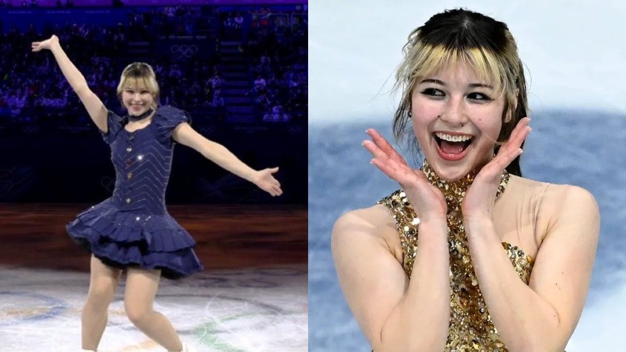 Alysa Liu em sua apresentação de gala (direita) e na apresentação durante os Jogos Olímpicos de Inverno Milano-Cortina