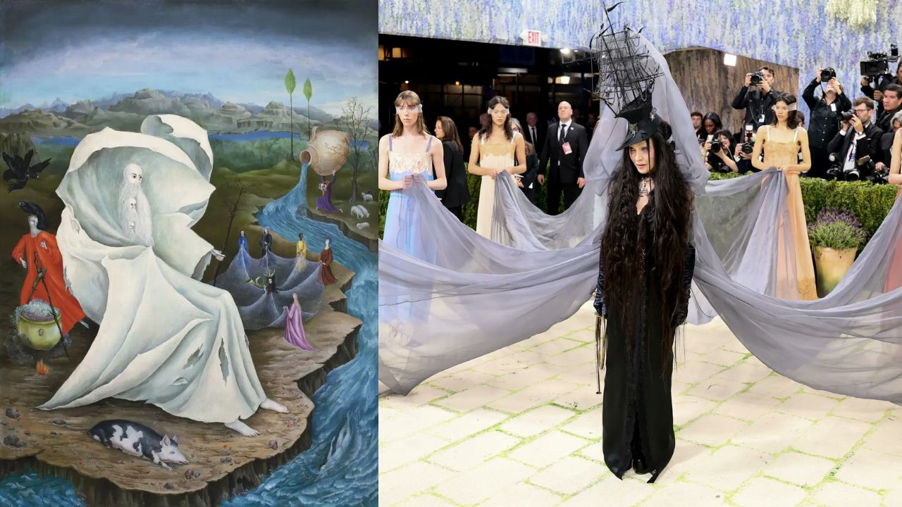 A imagem justapõe uma pintura surreal e um evento de moda. A pintura apresenta figuras etéreas em uma ilha flutuante, evocando fantasia. A cena de moda adjacente mostra um look dramático com tecido esvoaçante e um adorno de cabeça, em um ambiente elegante, sugerindo alta costura e criatividade.