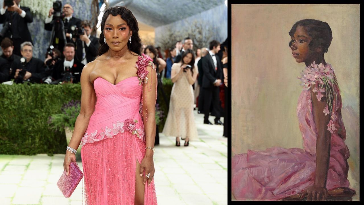 Uma mulher com um vibrante vestido rosa com aplicações florais posa com confiança em um evento formal. Ao lado dela, o retrato de uma menina com um vestido rosa semelhante captura uma expressão serena e pensativa, criando uma sensação de harmonia entre as duas imagens.