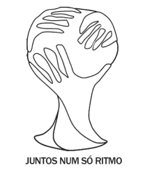 Desenho de um troféu com formato de globo, onde mãos entrelaçadas representam continentes, simbolizando união. Abaixo, o texto JUNTOS NUM SÓ RITMO em letras maiúsculas