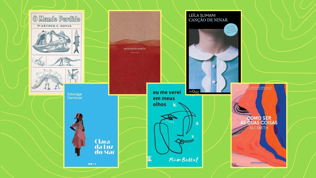 Seis capas de livros com bordas amarelas sobre um fundo verde com linhas onduladas. As capas são: O Mundo Perdido, Senhores do Orvalho, Canção de Ninar, Clara da Luz do Mar, Eu me verei em meus olhos e Como ser as duas coisas