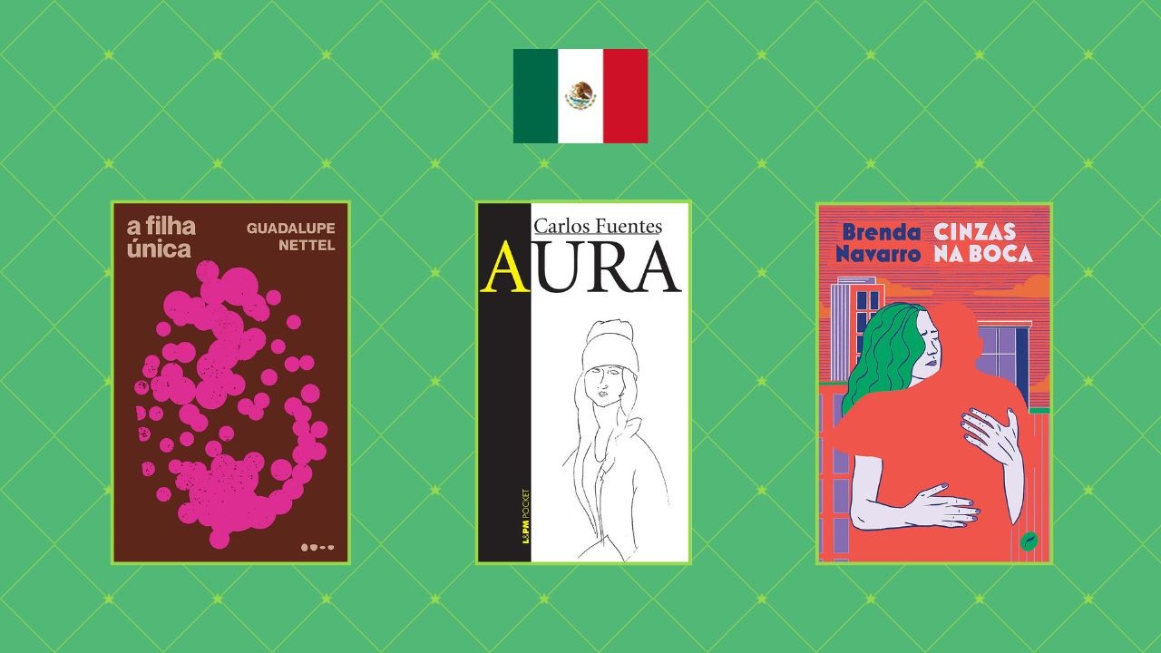 Três capas de livros mexicanos em fundo verde. Da esquerda para a direita: A Filha Única, Aura com desenho de mulher de gorro, e Cinzas na Boca com mulher de cabelo verde abraçando uma silhueta vermelha