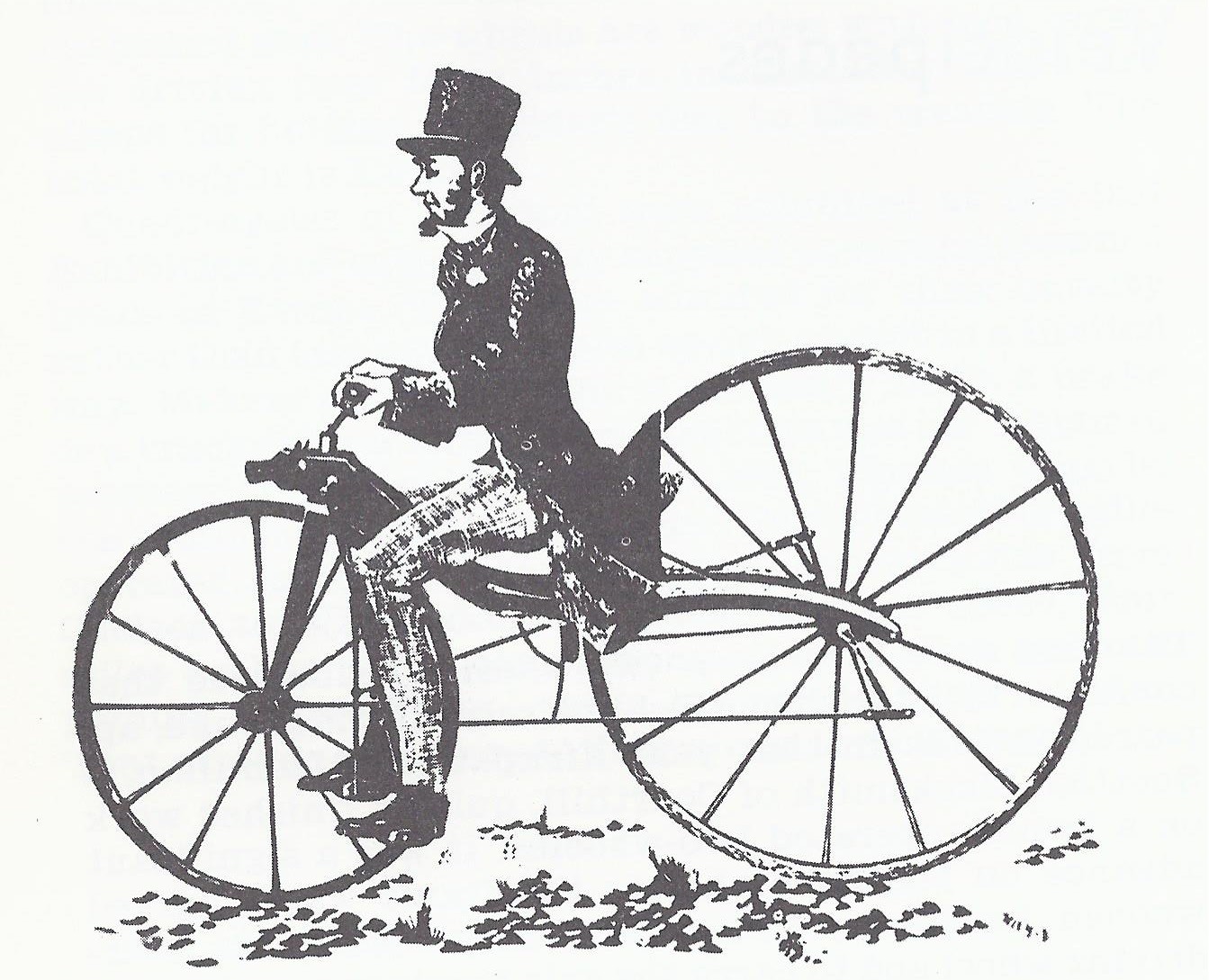 Ilustração monocromática de um homem barbudo, usando cartola e casaca, montado em uma bicicleta antiga com rodas de madeira e raios finos, impulsionando-a com os pés no chão. Ele está em perfil, olhando para a frente, sobre um terreno irregular