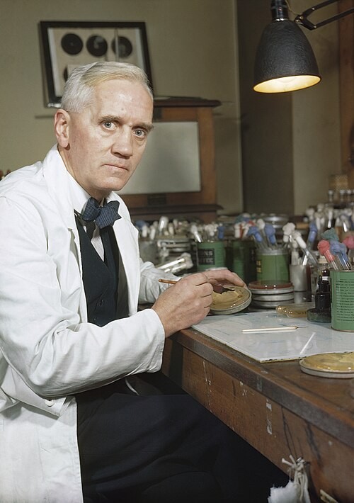 Cientista de cabelos grisalhos, vestindo jaleco branco e gravata borboleta, sentado em uma bancada de laboratório, manipulando uma placa de Petri com uma ferramenta fina. Ao fundo, frascos e tubos de ensaio.
