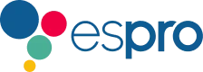 Logotipo da empresa Espro, com quatro círculos coloridos (azul, vermelho, verde-água, amarelo) à esquerda e o nome espro em azul à direita