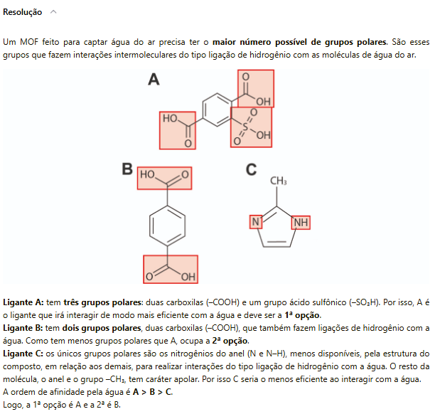 Três estruturas químicas orgânicas, A, B e C, são apresentadas com grupos polares destacados em vermelho. A estrutura A possui três grupos polares, a B tem dois, e a C, um anel com nitrogênios. Abaixo, um texto explica a afinidade de cada ligante pela água, indicando que A é o mais eficiente, seguido por B e C