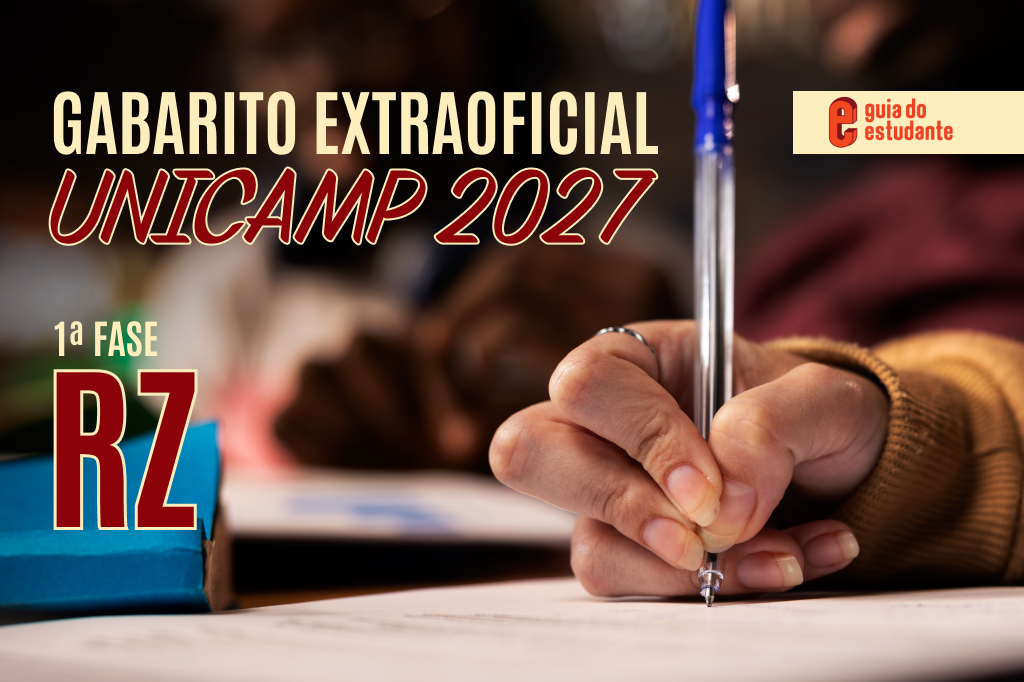 Mão de uma pessoa escrevendo com caneta azul em uma folha, com o texto Gabarito Extraoficial Unicamp 2027 1ª Fase RZ e o logo Guia do Estudante