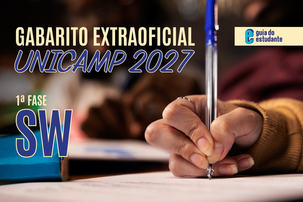 Mão de uma pessoa escrevendo com caneta azul em uma folha de papel, com o texto Gabarito Extraoficial Unicamp 2027 1ª Fase SW e o logo Guia do Estudante