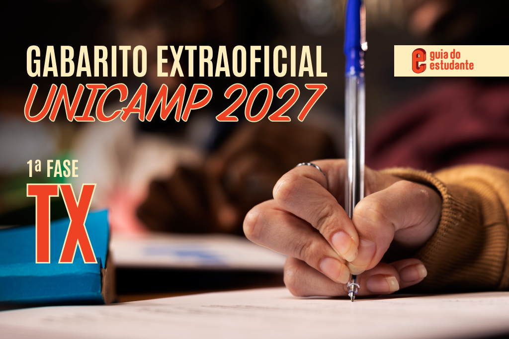 Mão de uma pessoa escrevendo com uma caneta azul em uma folha de papel, com o texto Gabarito Extraoficial Unicamp 2027 1ª Fase TX e o logo Guia do Estudante sobreposto