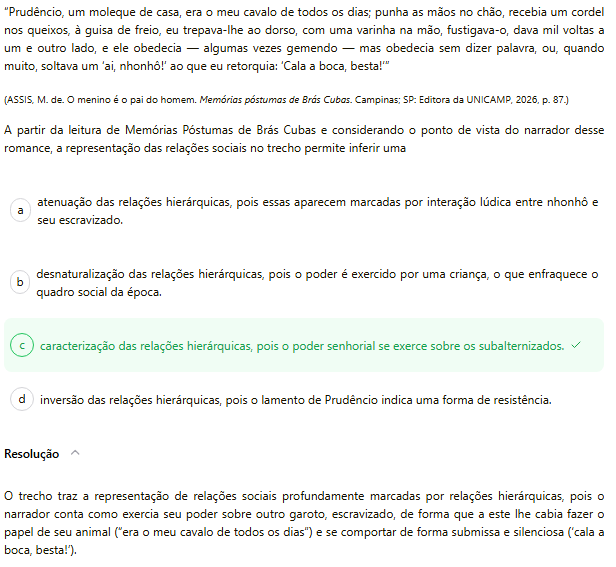 Questão de múltipla escolha com texto de Memórias Póstumas de Brás Cubas e quatro opções, onde a opção c está marcada em verde com um sinal de visto, indicando a resposta correta
